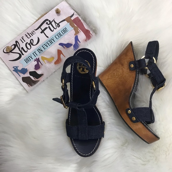 Tory Burch Shoes - Tory Burch Denim Beckett Wooden Wedge Sandals
